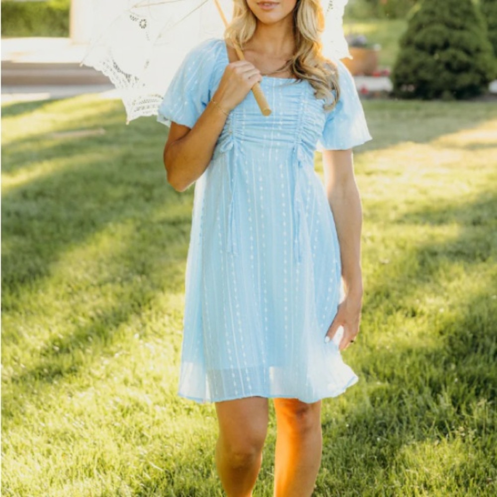 Mikarose Light Blue Midi Dress with Puff Sleeves